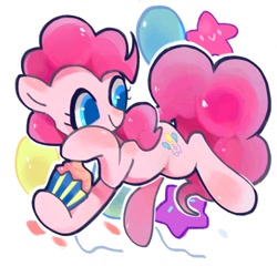 Size: 700x700 | Tagged: safe, artist:fin07, pinkie pie, earth pony, pony, balloon, colored pupils, cupcake, cute, diapinkes, female, food, mare, pixiv, solo, stars