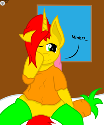 Size: 4768x5728 | Tagged: safe, artist:terminalhash, oc, oc:rouzfirecarrot, pony, unicorn, carrot, food, sleepy, solo, vector