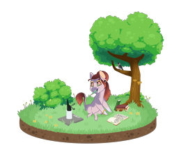 Size: 2500x2193 | Tagged: safe, artist:jackiebloom, oc, oc only, oc:façade persona, bird, earth pony, pony, book, female, filly, grass, mouth hold, simple background, solo, transparent background, tree