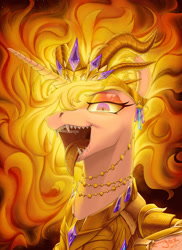 Size: 2000x2752 | Tagged: safe, artist:1jaz, nightmare star, alicorn, pony, armor, drool, fangs, female, high res, horns, jewelry, looking at you, mane of fire, mare, mawshot, open mouth, slit eyes, smiling, solo, teeth, tiara, tongue out