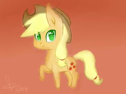 Size: 1034x773 | Tagged: safe, artist:misssakura-senpai, derpibooru import, applejack, earth pony, pony, chibi, female, gradient background, looking at you, mare, raised hoof, smiling, solo