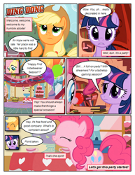 Size: 612x792 | Tagged: safe, artist:newbiespud, derpibooru import, edit, edited screencap, screencap, fluttershy, pinkie pie, twilight sparkle, unicorn twilight, earth pony, pegasus, pony, unicorn, comic:friendship is dragons, balloon, book, bookshelf, cake, comic, cowboy hat, dialogue, eyes closed, female, food, freckles, golden oaks library, hat, hooves, horn, looking up, mare, onomatopoeia, open mouth, punch (drink), punch bowl, red nose, screencap comic, smiling, sugarcube corner, sweet apple acres
