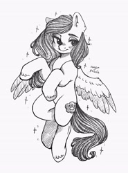 Size: 2971x4025 | Tagged: safe, artist:sugar peach, artist:sunshine, oc, oc only, oc:hazelnut, pegasus, pony, blushing, commission, long mane, monochrome, simple background, smiling, sparkles, traditional art, wings