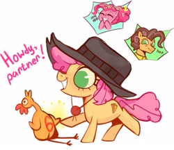 Size: 1249x1080 | Tagged: safe, artist:switchsugar, derpibooru import, boneless, cheese sandwich, li'l cheese, pinkie pie, bird, chicken, earth pony, pony, the last problem, boneless 6, canon ship, cheesepie, clothes, female, filly, hat, mama pinkie, mare, no pupils, shipping, simple background, stallion, straight, white background