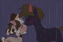 Size: 500x333 | Tagged: safe, artist:laceymod, oc, oc:lovelace, oc:loveless (laceymod), oc:morroder, pegasus, pony, unicorn, female, hat, kissing, male, mare, rain, stallion