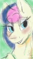 Size: 640x1136 | Tagged: safe, artist:misssakura-senpai, bon bon, sweetie drops, pony, abstract background, bedroom eyes, blushing, bust, female, looking sideways, mare, sketch, smiling, solo