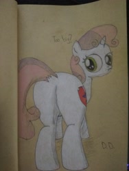 Size: 3120x4160 | Tagged: safe, artist:anonymous, sweetie belle, pony, unicorn, butt, concerned, cutie mark, dock, female, filly, foal, looking at you, looking back, looking back at you, pencil drawing, plot, rear view, solo, sweetie butt, the cmc's cutie marks, thick, traditional art