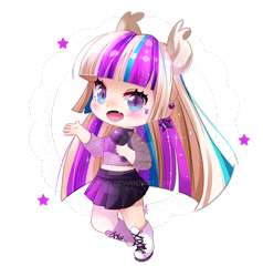 Size: 800x840 | Tagged: safe, artist:ipun, oc, oc:starlight nova, human, boots, chibi, clothes, cute, deviantart watermark, eared humanization, female, humanized, microphone, miniskirt, moe, obtrusive watermark, ocbetes, pleated skirt, shoes, simple background, skirt, solo, transparent background, watermark