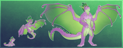 Size: 7570x3008 | Tagged: safe, artist:turnipberry, spike, dragon, absurd resolution, age progression, green background, male, older, older spike, simple background, spread wings, wing claws, winged spike, wings