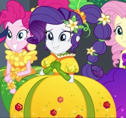 Size: 750x702 | Tagged: safe, screencap, fluttershy, pinkie pie, rarity, better together, equestria girls, holidays unwrapped, cornucopia costumes, cropped, inflatable dress, o come all ye squashful