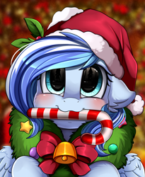 Size: 1446x1764 | Tagged: safe, artist:pridark, oc, oc only, oc:crystal bay, pegasus, pony, bell, blushing, candy, candy cane, christmas, commission, cute, food, hat, holiday, mouth hold, ocbetes, pridark's christmas ponies, santa hat, solo, wreath, ych result