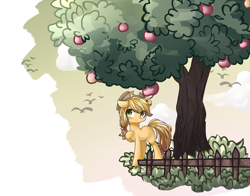 Size: 1200x942 | Tagged: safe, artist:alus, applejack, bird, earth pony, pony, apple, apple tree, cowboy hat, female, fence, hat, mare, missing cutie mark, partial background, pixiv, solo, tree