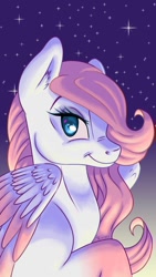 Size: 670x1192 | Tagged: safe, artist:misssakura-senpai, oc, oc only, oc:sakura, pegasus, pony, ear fluff, female, looking at you, mare, night, raised hoof, smiling, socks (coat marking), solo, starry night, stars