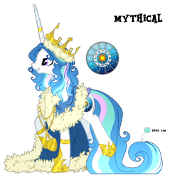 Size: 2099x2200 | Tagged: safe, artist:sweet-psycho-uwu, oc, oc only, oc:prince mythical, alicorn, hybrid, pony, clothes, crown, high res, interspecies offspring, jewelry, male, offspring, parent:discord, parent:princess celestia, parents:dislestia, regalia, robe, simple background, solo, stallion, transparent background