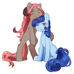 Size: 1000x992 | Tagged: safe, artist:dagmell, oc, oc only, oc:luurei, oc:raylanda, earth pony, pony, 2020 community collab, bipedal, cute, derpibooru community collaboration, duo, female, horns, hug, looking at you, mare, one eye closed, simple background, sitting, smiling, transparent background