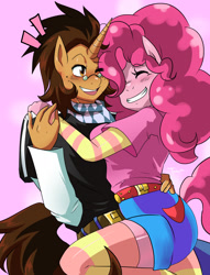 Size: 1512x1984 | Tagged: safe, artist:traupa, derpibooru import, pinkie pie, oc, oc:copper plume, anthro, earth pony, unicorn, belt, blushing, canon x oc, clothes, commission, commissioner:imperfectxiii, copperpie, eyes closed, female, freckles, glasses, hug, long socks, male, neckerchief, one eye closed, pants, shipping, shirt, shorts, simple background, smiling, straight