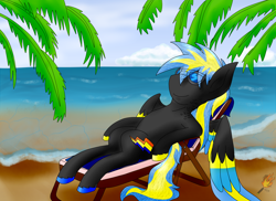 Size: 2542x1850 | Tagged: safe, artist:midnightfire1222, oc, oc:arc flash, pony, beach, beach chair, ocean, palm tree, relaxation, solo, sunglasses, tree