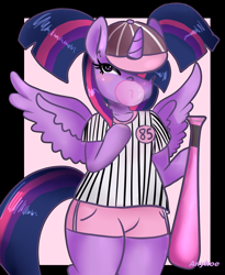 Size: 1716x2096 | Tagged: safe, artist:anykoe, twilight sparkle, twilight sparkle (alicorn), alicorn, anthro, baseball, baseball bat, baseball cap, bubblegum, cap, clothes, female, food, gum, hat, pigtails, solo, sports