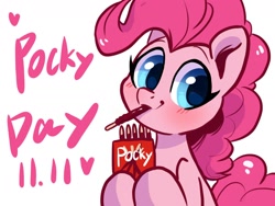 Size: 1600x1200 | Tagged: safe, artist:colorfulcolor233, pinkie pie, earth pony, pony, blushing, cute, diapinkes, female, food, heart, mare, mouth hold, pocky, simple background, solo, white background