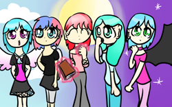 Size: 800x500 | Tagged: safe, artist:wisheslotus, oc, oc only, oc:astral, oc:bani, oc:nightflare, oc:ribbon, oc:wishes, human, book, c, clothes, cloud, eyes closed, female, glowing hands, humanized, magic, moon, night, stars, telekinesis, winged humanization, wings