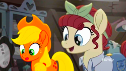 Size: 1366x768 | Tagged: safe, color edit, derpibooru import, edit, edited screencap, screencap, applejack, torque wrench, earth pony, pony, rainbow roadtrip, atorqueable, colored, cowboy hat, cute, duo, female, hat, mare, overalls, saturated