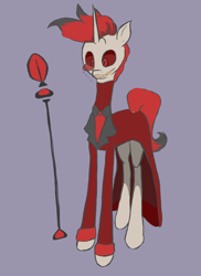 Size: 2178x2985 | Tagged: safe, artist:elizaisepic, demon, pony, unicorn, alastor, creepy, hazbin hotel, male, ponified, radio demon, red and black, simple background, sketch, solo, stallion, tall