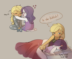 Size: 2200x1800 | Tagged: safe, artist:tcn1205, applejack, rarity, equestria girls, clothes, cute, female, footed sleeper, jackabetes, lesbian, nightgown, pajamas, pillow, raribetes, rarijack, shipping, sleepy, tickling