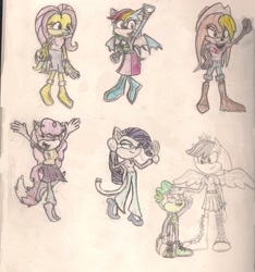 Size: 1680x1792 | Tagged: safe, artist:spqr21, applejack, fluttershy, pinkie pie, rainbow dash, rarity, spike, twilight sparkle, anthro, digitigrade anthro, clothes, crossover, female, hat, male, mane seven, mane six, sonic the hedgehog (series), traditional art, wings