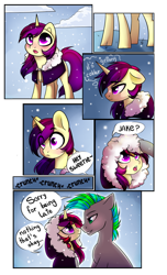 Size: 1212x2000 | Tagged: safe, artist:cloud-fly, oc, oc only, oc:jake, oc:summer violet, earth pony, pony, unicorn, female, male, mare, snow, stallion