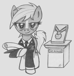 Size: 914x943 | Tagged: safe, artist:lockerobster, sergeant reckless, earth pony, pony, /mlp/, army, dress uniform, female, mare, medal, military, military uniform, monochrome, ponified, solo