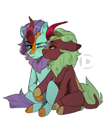 Size: 1700x1955 | Tagged: safe, artist:dodo, cinder glow, summer flare, oc, oc:blazing frost, kirin, bedroom eyes, canon x oc, female, holding hooves, kirin oc, lesbian, lidded eyes, one eye closed, simple background, sitting, white background