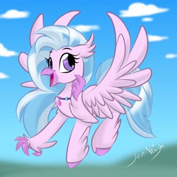 Size: 2000x2000 | Tagged: safe, artist:jen-neigh, silverstream, hippogriff, cloud, cute, diastreamies, female, flying, high res, open mouth, sky, solo, spread wings, wings