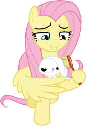 Size: 3000x4422 | Tagged: safe, artist:cloudyglow, angel bunny, fluttershy, pegasus, pony, rabbit, a trivial pursuit, .ai available, animal, brush, cute, lidded eyes, shyabetes, simple background, smiling, transparent background, vector