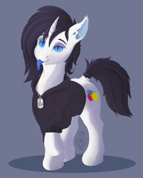 Size: 2650x3300 | Tagged: safe, artist:batsdisaster, oc, oc only, oc:leesys, bat pony, pony, unicorn, bat ponified, blue eyes, blue tongue, clothes, fangs, female, hoodie, mare, race swap, tongue out
