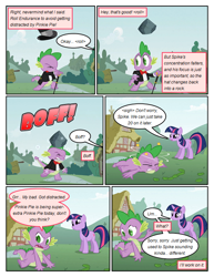 Size: 612x792 | Tagged: safe, artist:newbiespud, edit, edited screencap, screencap, twilight sparkle, unicorn twilight, dragon, pony, unicorn, comic:friendship is dragons, bowtie, building, cane, clothes, comic, dialogue, female, hat, male, mare, onomatopoeia, rock, screencap comic, slit eyes, suit, top hat