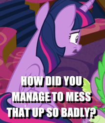 Size: 431x503 | Tagged: safe, edit, edited screencap, screencap, spike, twilight sparkle, twilight sparkle (alicorn), alicorn, dragon, horse play, caption, cropped, image macro, reaction image, solo focus, text