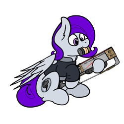 Size: 3000x3000 | Tagged: safe, artist:aaathebap, oc, oc:morning glory (project horizons), pegasus, pony, fallout equestria, fallout equestria: project horizons, brand, cute, dashite, dashite brand, fallout, fanfic, fanfic art, female, hoof hold, hooves, laser, laser rifle, mare, mouth hold, png, simple background, sitting, solo, transparent background, wings