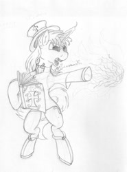 Size: 573x773 | Tagged: safe, oc, oc:black cross, pony, unicorn, book, boots, casting a spell, fire, fireball, sketch, solo