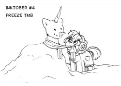 Size: 1586x1136 | Tagged: safe, artist:tillie-tmb, oc, oc:meadow lark, earth pony, pony, clothes, earmuffs, female, filly, inktober, inktober 2019, monochrome, mouth hold, scarf, snowpony, solo, traditional art