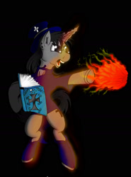Size: 1146x1546 | Tagged: safe, oc, oc:black cross, pony, unicorn, book, boots, casting a spell, digital art, fire, fireball, glowing horn, horn, lighting, solo