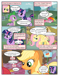 Size: 612x792 | Tagged: safe, artist:newbiespud, derpibooru import, edit, edited screencap, screencap, applejack, fluttershy, spike, twilight sparkle, unicorn twilight, dragon, earth pony, pegasus, pony, unicorn, comic:friendship is dragons, comic, cupcake, dialogue, female, food, freckles, hat, hiding, male, mare, rock, screencap comic, umbrella hat