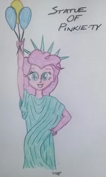 Size: 996x1665 | Tagged: safe, artist:pabrony83, pinkie pie, human, equestria girls, balloon, female, smiling, solo, statue of liberty, traditional art