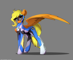 Size: 3000x2500 | Tagged: safe, artist:skitsroom, oc, oc only, oc:lightly breeze, pegasus, pony, clothes, flight suit, gray background, high res, one wing out, simple background, smiling, solo, weather patrol