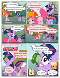 Size: 612x792 | Tagged: safe, artist:newbiespud, derpibooru import, edit, edited screencap, screencap, applejack, fluttershy, pinkie pie, spike, twilight sparkle, unicorn twilight, dragon, earth pony, frog, pegasus, pony, unicorn, comic:friendship is dragons, comic, dialogue, female, frown, hat, male, mare, onomatopoeia, screencap comic, slit eyes, umbrella hat