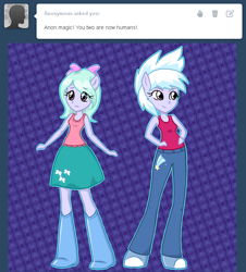 Size: 646x714 | Tagged: safe, artist:marikaefer, cloudchaser, flitter, equestria girls, ask flitter and cloudchaser, boots, bow, clothes, cute, equestria girls-ified, miniskirt, pants, pony ears, shirt, shoes, skirt