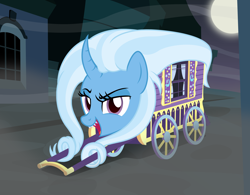 Size: 2850x2221 | Tagged: safe, artist:badumsquish, derpibooru exclusive, trixie, monster pony, object pony, original species, pony, youkai, canterlot, cart, curtains, curved horn, dark, dreamworks face, female, fog, frown, full moon, grin, has science gone too far?, horn, looking at you, mare, moon, night, not salmon, oboroguruma, open mouth, ponified, prehensile mane, sharp teeth, show accurate, smiling, smug, species swap, spooky, street, teeth, trixie's wagon, wat, what has magic done, window