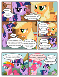 Size: 612x792 | Tagged: safe, artist:newbiespud, derpibooru import, edit, edited screencap, screencap, applejack, pinkie pie, spike, twilight sparkle, unicorn twilight, dragon, earth pony, frog, pony, unicorn, comic:friendship is dragons, comic, cupcake, dialogue, food, freckles, hat, looking up, male, qunicorn twilight, screencap comic, slit eyes, umbrella hat