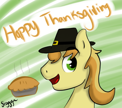 Size: 2171x1917 | Tagged: safe, artist:siggyderp, braeburn, earth pony, pony, cake, food, hat, holiday, male, signature, solo, stallion, text, thanksgiving