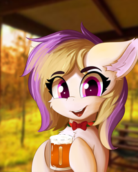 Size: 1200x1500 | Tagged: safe, artist:lunar froxy, oc, oc only, oc:pings, earth pony, alcohol, australia, beer, bowtie, bust, cheek fluff, chest fluff, christmas, ear fluff, eye clipping through hair, female, holiday, looking at you, mare, outback, portrait, smiling, solo