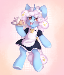 Size: 2173x2535 | Tagged: safe, artist:adostume, oc, oc only, oc:sleepyhead, alicorn, semi-anthro, alicorn oc, blushing, cake, clothes, cookie, cup, eyes open, fangs, female, food, horn, maid, mare, mare only, open mouth, serving tray, simple background, solo, teacup, teapot, wings